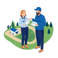 Two professionals discussing project details in a rural setting. png