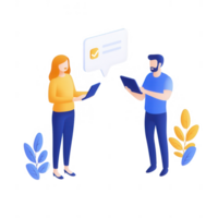 Two professionals discussing ideas using tablets in a modern workspace. png