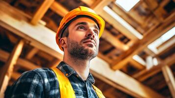 Construction worker wearing yellow safety helmet and reflective vest, looking up with determination and focus, inside wooden structure under construction. Professionalism, safety photo