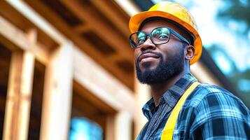 Black, afro american, confident construction worker wearing yellow safety helmet and plaid shirt, standing in front of wooden house structure under construction. Partially built frame on background photo