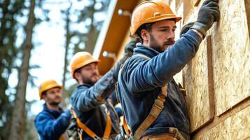 Team of construction workers wearing protective gear, including hard hats and gloves, working collaboratively on assembling OSB , oriented strand board panels for exterior walls of frame photo