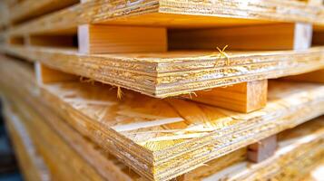 Close-up of oriented strand board , OSB panels stacked at construction site or warehouse. The rough texture of edges and visible wood fibers highlight the industrial quality of the panels photo