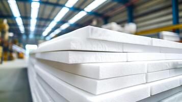Stack of expanded polystyrene , EPS sheets in large production warehouse. The white foam panels are arranged, showcasing their lightweight structure, thermal insulation and energy photo