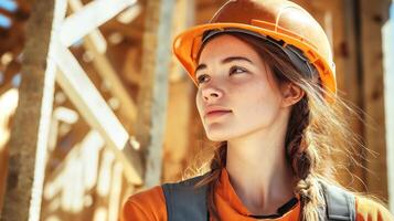 Young female construction worker wearing orange hard hat and safety gear, standing confidently at construction site with wooden framework in background. Modern workforce, workplace photo