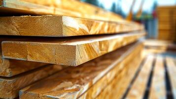 Close-up of stacked wooden planks at construction site, showcasing the texture and grain of the wood. Construction preparation concept, ideal for carpentry materials, lumberyard, timber photo