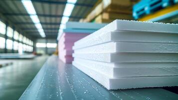Stack of expanded polystyrene , EPS sheets in production warehouse. Perfect for illustrating construction materials, insulation products, manufacturing processes, building supplies photo