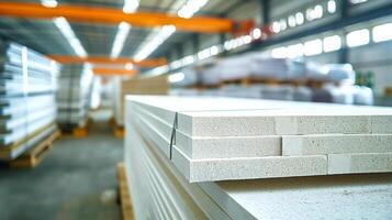 Stack of extruded polystyrene foam boards neatly arranged in modern production warehouse. Perfect for illustrating insulation materials, construction supplies, and warehouse operations photo