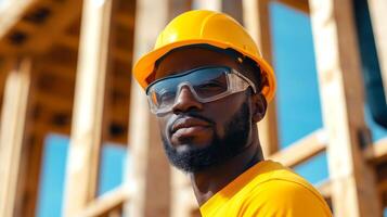 Black, afro american, confident construction worker wearing yellow safety helmet and clear protective glasses. Man is standing in front of wooden frame structure, construction process of new house photo