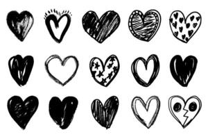 Grunge hearts icons. Scribble ink grunge heart shapes. Hearts icons set hand draw with markers vector