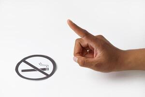 Man's hand pointing to no smoking sign with a warning gesture photo