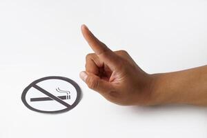 A man's hand warns with his index finger with a no smoking symbol photo