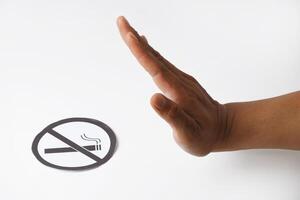Man's hand showing a gesture of refusal with no smoking symbol photo