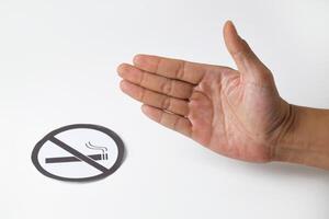 A mans hand with a gesture of refusal or prohibition with a no smoking symbol photo