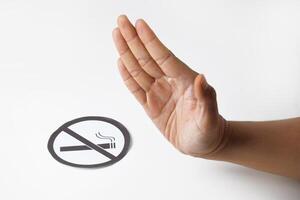 A man's hand with a gesture of refusal or prohibition with a no smoking symbol photo