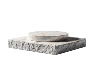 Round white marble podium on white stone for product display, cut out, , isolated on transparent background png