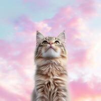 Cute maine kitten with blue eyes looking up on sky background photo