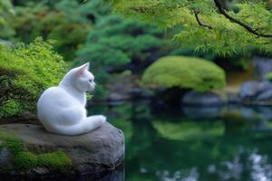 White cat sitting on a rock in a Japanese garden with a pond in the background photo