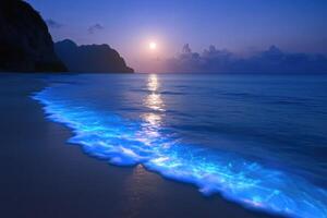 glowing sea is a natural phenomenon that occurs when the surface layers of the sea or ocean are filled with microorganisms capable of bioluminescence. photo