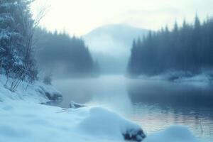 Foggy winter landscape with river and forest in the background. photo