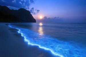 glowing surf on a tropical beach on a moonlit night photo