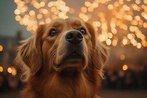Golden Retriever dog with firework sparkles in the background. Dogs are afraid of fireworks. photo