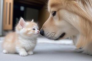 Cute little kitten and Golden Retriever dog playing together photo