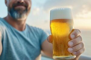 Close-up of a glass of beer in the hands of a man photo
