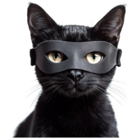 A black cat wearing a mask with striking yellow eyes, showcasing a playful and mysterious expression. png
