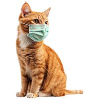 A ginger cat wearing a green mask sits calmly, showcasing its distinct features and playful expression. png