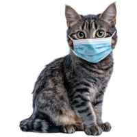 A tabby cat wearing a blue medical mask sits calmly, showcasing its striking green eyes and distinct fur patterns. png