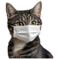 A tabby cat wearing a white medical mask, showcasing its expressive eyes and distinctive fur patterns. png