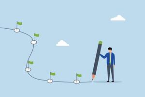Workflow, entrepreneur sketching workflow line with achievement flag milestones using a pencil. vector