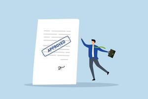 Document approved, happy businessman with document paperwork with approved stamp. vector