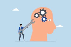 Change mindset, entrepreneur holding a wrench to modify gear cogs on a human head as a metaphor for mindset. vector