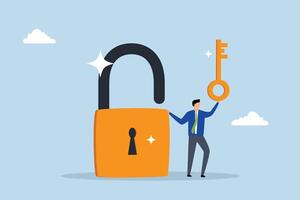 Golden key to unlock, clever entrepreneur grasping a golden key to open padlock. vector