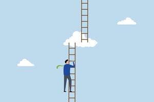 Progress to next level, driven entrepreneur ascending the ladder to cloud heights to achieve the next tier. vector