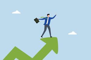 confident entrepreneur stands atop a rising arrow directed towards the sky. vector