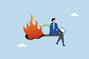 Burnout from overworked, desperate entrepreneur using laptop on a lit matchstick. vector