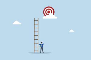 Mistake and error causing business problem and missing goal, despairing entrepreneur with an inadequate ladder cannot achieve goal. vector
