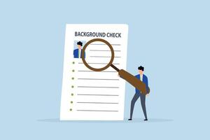 Background check for employment, Investigator using a magnifying glass examining the candidate document. vector