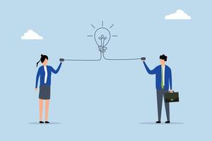 Communicate idea, Clever entrepreneur communicates with coworker via telephone featuring a lightbulb icon. vector