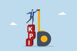 KPI, entrepreneur positioned atop KPI box evaluating performance. vector