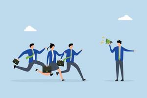 Business guide to move to the right success direction, Entrepreneur with loudspeaker instructs colleagues to proceed correctly. vector