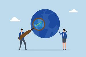 World economic analysis, entrepreneur using magnifying glass on globe alongside chart and graph. vector