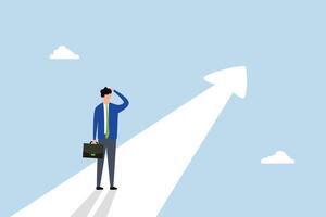 Finding purpose, perplexed entrepreneur targeting future goal arrow vector