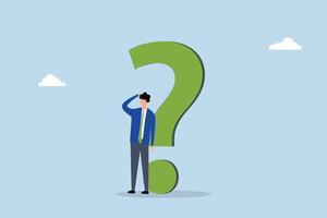 problem solving, uncertain entrepreneur contemplating response with large question mark. vector