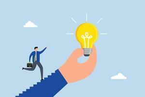Inspiration idea to inspire, entrepreneur ascends staircase of large hand grasping motivating shining lightbulb. vector