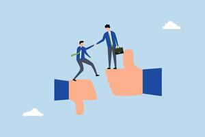 Mentor support, Businessman manager assists colleague transition from thumb down to thumb up. vector