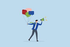 Communication or PR, entrepreneur grasping speech bubble balloons as he addresses with a megaphone. vector