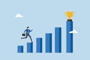 Motivation to drive success, driven entrepreneur racing on ascending bar chart to seize victory trophy. vector